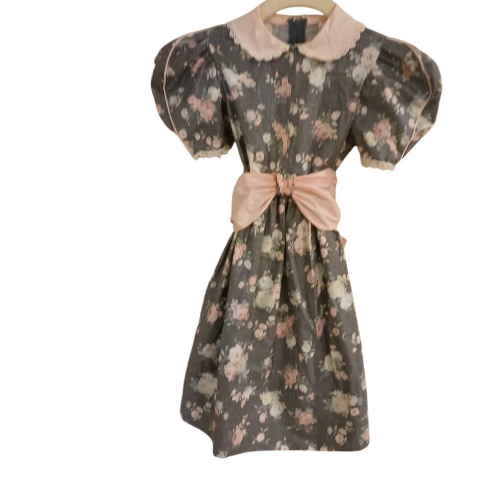 Ruth Of Carolina Vintage Gray Floral Dress With Pink Trim And Sash Size 6